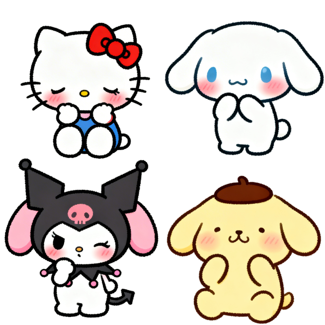 三丽鸥角色害羞表情动作合集，Hello Kitty、玉桂狗、美乐蒂、库洛米、布丁狗每个角色单独一张，脸颊泛红，低头、捂嘴、扭捏等害羞动作，纯白色背景，Q版可爱风格，2K分辨率预览效果