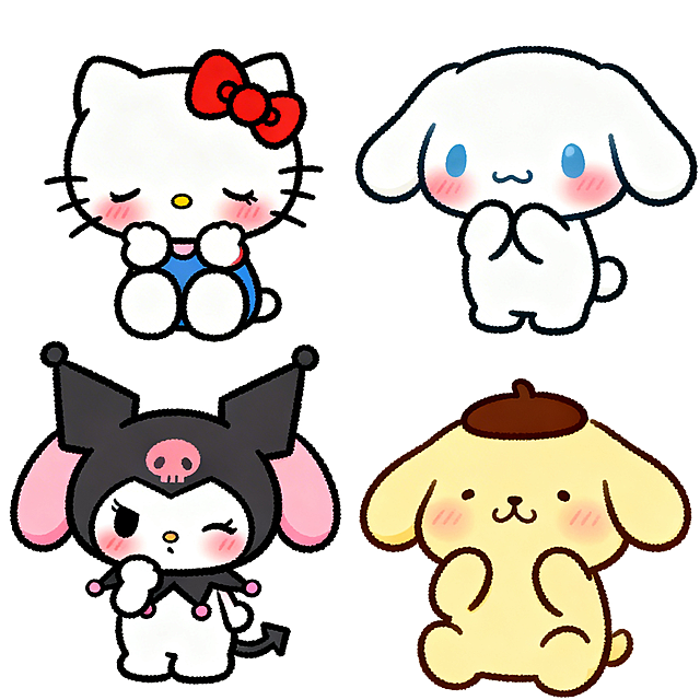 三丽鸥角色害羞表情动作合集，Hello Kitty、玉桂狗、美乐蒂、库洛米、布丁狗每个角色单独一张，脸颊泛红，低头、捂嘴、扭捏等害羞动作，纯白色背景，Q版可爱风格，2K分辨率