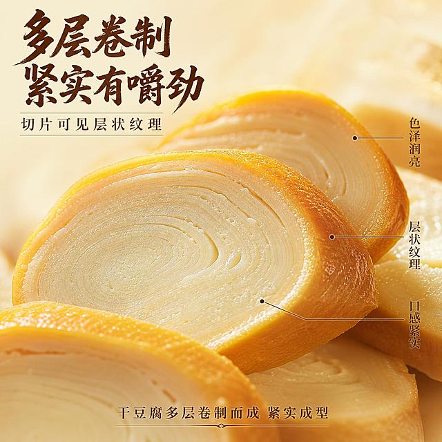 产品形态 素肠切面层状纹理特写页 微距质感风 细腻真实 暖金色调 商业美食微距摄影质感 画面主体为五香味素肠的切面放大特写 占比约七成 素肠切片可见清晰的层状纹理 一圈一圈的干豆腐卷层分明 内部色泽乳白 外皮金黄油亮 纹理细腻 能看到豆腐皮的细密气孔与层次 几片素肠切片堆叠在一起 形成丰富的层次感 背景为虚化的浅米色 突出主体质感 保持素肠产品外观 物理结构 材质质感 颜色与输入产品图一致 杜绝任何变形和色差 精细化处理 柔和侧逆光从右上方照射 每片素肠边缘都有通透的金黄光晕 表面有细腻的油亮高光 片与片之间形成自然的阴影层次 整体光线通透 质感强烈 全局底色浅奶黄 主色豆金黄 熏烤深棕 辅助色乳白内层 浅米背景 微距平视视角 素肠切片横向贯穿画面 景深极浅 焦点在中间切片 前后逐渐虚化 形成强烈的质感对比 阅读动线从中央焦点向上下扩散 左上主标题 多层卷制 紧实有嚼劲 粗笔书法体深棕色 副标题 切片可见层状纹理 温润宋体小号 右侧竖排三个短句 色泽润亮 层状纹理 口感紧实 每个短句配细线引线指向对应纹理区域 底部中央 干豆腐多层卷制而成 紧实成型 竖版3比4比例 2K分辨率 文字清晰可辨 高清画质 变形 水印 文字错乱 文字过小 缺件错件 结构错误 颜色偏差 产品图模糊 背景杂乱 多余的手 畸形手