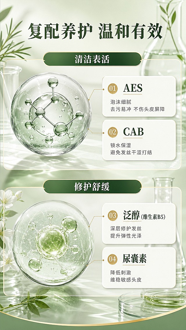 [商品] 本页为复配养护成分说明页，以成分信息卡为主，不垫产品图；成分信息来自用户输入：清洁表活（AES、CAB）、修护舒缓（泛醇维生素B5、尿囊素）。
[画面] 目标：复配成分专业说明，体现温和清洁+修护舒缓双重价值。构图：上下两大分区，上半区「清洁表活」模块，下半区「修护舒缓」模块；每模块含左侧大号成分分子球/烧杯实验风视觉，右侧2个编号成分卡片；整体左右对称+上下分层，阅读动线从上到下、从左到右；主视觉（分子球+卡片）占画面约70%。
[视觉] 套系策略：风格=商业产品摄影，超写实，光影柔和高级，国风草本；标题字=国风衬线粗体（宋楷风格）；正文字=现代简洁无衬线体；主色=清新淡绿色；背景延展=基于淡绿色做深浅层级、同色渐变、实验室玻璃器皿与水光质感；强调色=深墨绿+浅金，仅用于小面积图标、引线、标签和局部光效；标题色=深墨绿；正文色=中暖灰；组件=圆角信息卡、圆形分子球、细线引线、模块标题条；光影=顶侧柔光，玻璃器皿有通透质感与高光。
[文字] 顶部主标题「复配养护 温和有效」（8字）；上半区模块标题「清洁表活」：①AES 泡沫细腻 去污易冲 不伤头皮屏障；②CAB 锁水保湿 避免发丝干涩打结；下半区模块标题「修护舒缓」：③泛醇（维生素B5）深层修护发丝 提升弹性光泽；④尿囊素 降低刺激 维稳敏感头皮；全部横排，层级清晰，手机端可读。
[规格] 京东平台详情页，单屏比例9:16竖版，分辨率4K，负向提示：避免小icon点缀、文字过小、医疗表述、极限词、冷蓝背景、错字。