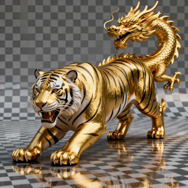 参考金色中国龙的金色金属质感、3D立体风格，生成一只金色的白虎，透明背景，造型威猛精致，和金龙同风格预览效果