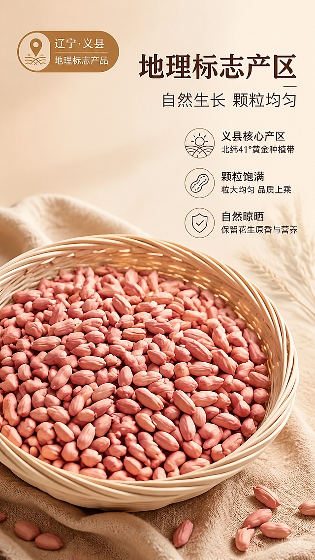 [第3屏] 义县小粒花生卖点详情页，核心卖点：东北义县地理标志产品，颗粒饱满、大小均匀。本屏使用【图2】展示花生颗粒。[氛围/风格] 自然真实，突出产品品质，商业摄影质感。[元素布局] 花生主体占据画面中心约60%，左上角圆角图标标注产地，右侧文字区，背景简洁大地色系，保留花生颗粒形状和颜色与原图一致。[光影质感] 左侧柔光打亮花生颗粒，突出纹理饱满度，自然阴影增强立体感。[配色色系] 全局底色 #F8F3E6，主色花生自然浅红棕色，辅助色深棕色文字和浅棕色图标。[视角构图] 中心构图，主体突出，阅读动线从左上到右下。[文字版式] 顶部主标题「地理标志产区」，副标题「自然生长 颗粒均匀」，图标搭配简短卖点文字，文字清晰层级分明，不遮挡主体。[比例分辨率] 9:16 竖版比例，1080×1920，文字清晰可辨，高清画质。[负向提示词] 颗粒变形，颜色偏差，文字错乱，产品模糊，水印，绝对化宣传。