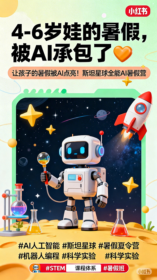 小红书封面图，标题："4-6岁娃的暑假，被AI承包了🤖"，副标题："让孩子的暑假被AI点亮！斯坦星球全能AI暑假营"。活泼童趣风格，色彩鲜艳明亮，包含机器人、太空、科学实验元素，面向4-6岁儿童，整体排版适合小红书竖版封面，下方有话题标签#AI人工智能 #斯坦星球 #暑假夏令营 #机器人编程 #科学实验 #STEM课程体系 #暑假班，科技感满满