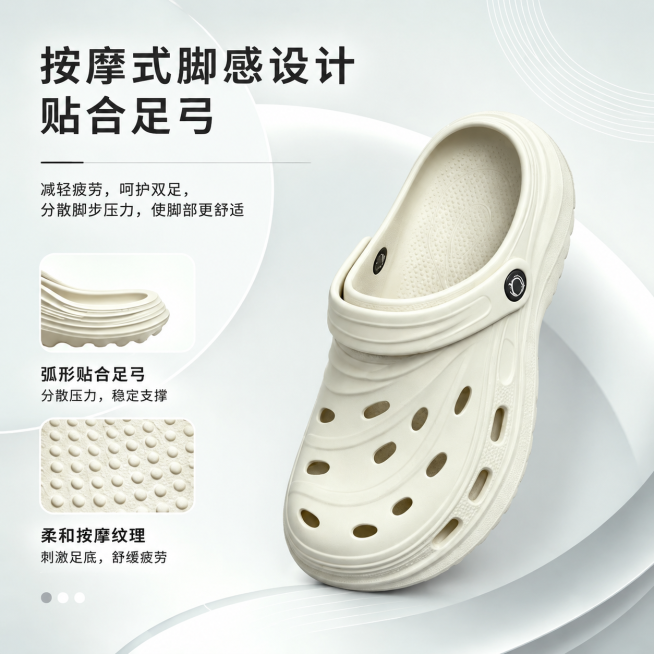 [模块5] 流云洞洞鞋卖点解析主图，展示按摩鞋垫设计，突出贴合舒适卖点。保持原产品的外观、结构、颜色完全一致。将图片裁剪调整为正方形构图，产品主体居中展示，保留原浅灰白渐变背景，文字保留原标题"按摩式预览效果
