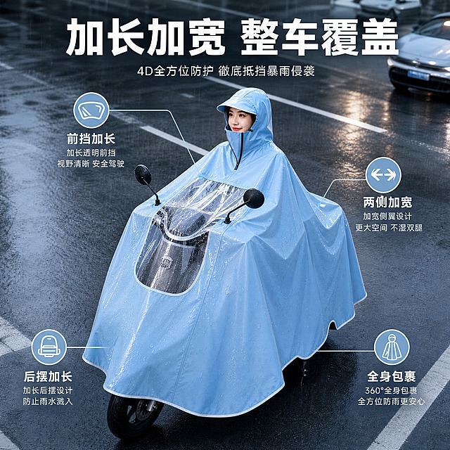 [主图-3] 电动车雨衣加大加厚全身防暴雨骑行雨披 加大覆盖展示 加长加宽覆盖整车 全方位覆盖
[统一基调] 高级户外编辑风 专业品质感 浅灰蓝冷调高级户外色系 背景为城市雨天街道 主标题白色粗体无衬线大字 辅助文案浅灰色小号无衬线 强调色为雾蓝色 图标为简约线性机能风
[画面] 俯视角展示 年轻亚洲女性模特穿着浅蓝色电动车雨衣 骑在电动车上 雨衣完全展开 前后左右都加长加宽 完整覆盖电动车车身 包括车头 车身 车尾 雨衣下摆垂落到车轮附近 透明前挡清晰露出仪表盘 加大帽檐挺立 雨衣表面有细密水珠 背景为雨天城市道路俯视角度 有车辆虚化 主体占画面约70% 居中展示 四周留空间放标注
[光影质感] 商业摄影质感 顶部柔和自然光 雨衣面料有真实防水涂层反光 水珠均匀分布 覆盖范围清晰可见 电动车与雨衣接触自然 无穿模
[配色] 背景灰蓝色雨天道路 雨衣浅蓝色 标题白色 标注线雾蓝色 整体干净明亮
[文字版式] 顶部大标题 加长加宽 整车覆盖 四周用引线标注四个位置 前挡加长 两侧加宽 后摆加长 全身包裹 每个标注配小图标 文字不遮挡主体 排版清晰
[输出要求] 1:1正方形 2048x2048 文字清晰可读 产品外观结构颜色与输入图一致 无变形 无错字 无模糊 无水印 无平台Logo 人物自然 覆盖范围展示清晰