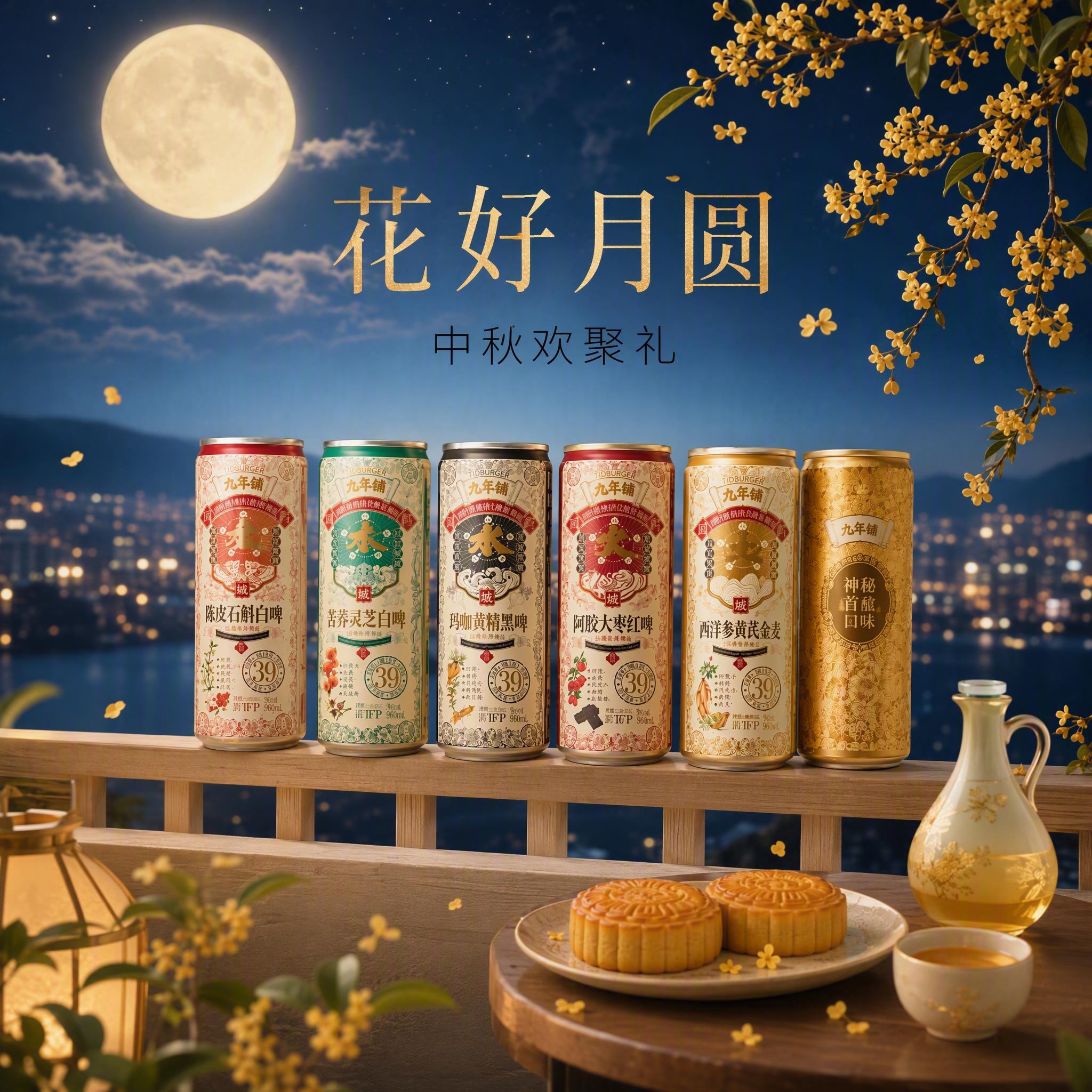 6瓶全家福礼盒电商主图，花好月圆静谧风格。中秋夜阳台场景，浅色… - 图片创意预览