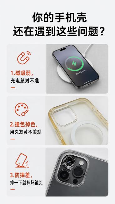 [第2屏] 痛点直击页，分析普通手机壳的常见使用问题。本屏不需要产品图。[氛围/风格] 写实生活化风格，浅灰简约背景，清晰图文排版。[元素布局] 顶部大标题，中部三行痛点分栏，每行配写实小场景示意图；预览效果