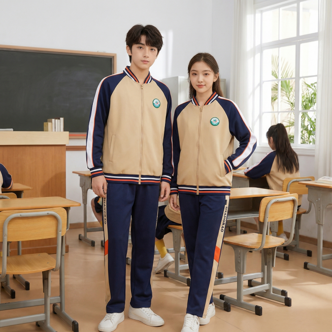 生成一张电商主图，1:1尺寸，图中是中国年轻学生穿着图1的卡其色拼深蓝色棒球服外套和深蓝色侧边拼色运动长裤校服，场景为干净明亮的校园教室场景，和参考图二风格一致，高清商业电商摄影预览效果