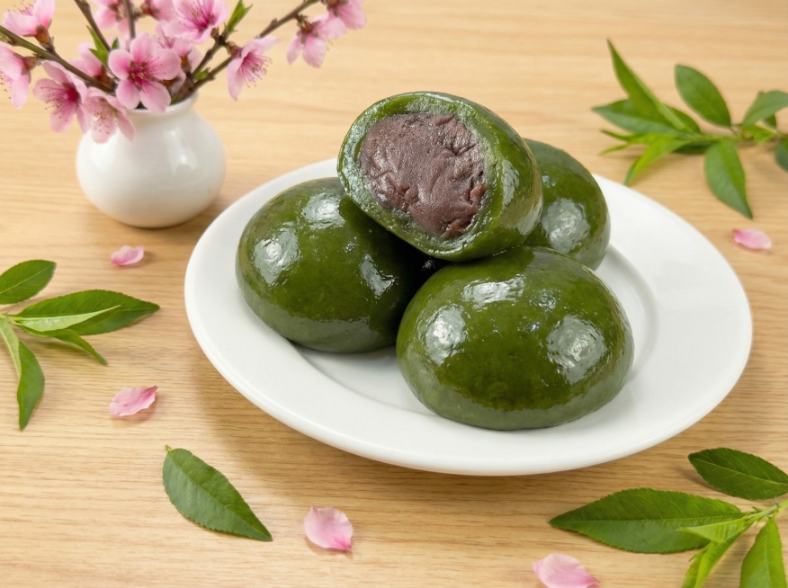 美化青团，将背景替换为浅木色桌面，搭配插有桃花枝的白色小花瓶和散落的绿叶，增添春日氛围感，同时让青团色泽更鲜亮诱人，外形更圆润饱满预览效果