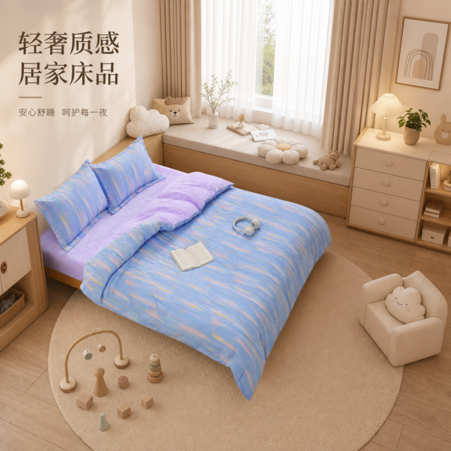 只更换背景，保留床上四件套不变，背景要求：整体安全温馨、简约精致，兼顾亲子居家质感，适配母婴级床品调性。色彩以米白、奶咖、浅柔灰为主，搭配低柔莫兰迪浅色系，色调温润柔和，贴合治愈温柔风格。墙面使用哑光预览效果