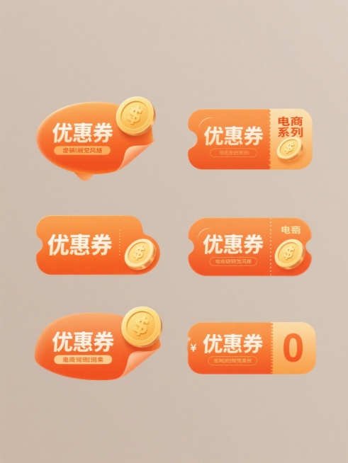 6个造型完全不同的橙色优惠券系列素材集合，每个优惠券保留"优惠券"文字核心元素但采用差异化设计，搭配对应金色硬币，统一保持光滑渐变质感与柔和光影效果，规整排布于纯色背景上，整体呈现简洁明快的电商促销视觉风格。预览效果