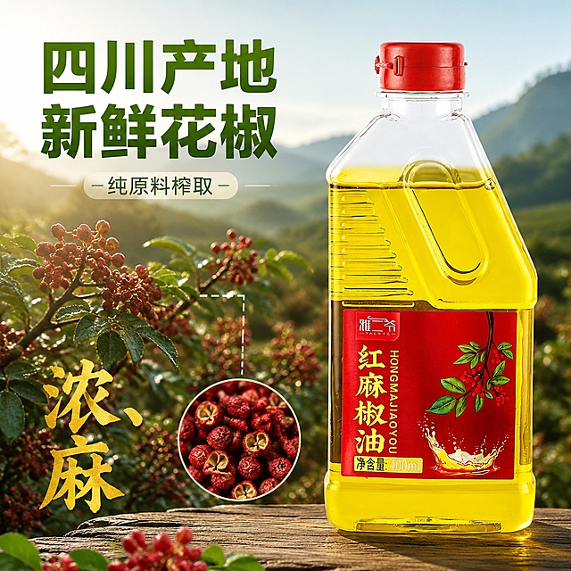 [主图-2] 雅二爷红麻椒油核心卖点溯源图
[氛围风格] 自然产地风，真实可信
[画质] 商业摄影质感、光线柔和通透、产品清晰真实、画面干净高级
[元素] 雅二爷红麻椒油瓶放置在画面右半部分，保持产品外观与输入图绝对一致，无变形色差。左半部分展示新鲜红花椒种植园远景，枝头挂满饱满红花椒。用引线标注核心原料，真实红花椒原料特写展示在油瓶下方。商品主体占比约65%，画面层次清晰不拥挤
[光影] 自然暖阳逆光，突出花椒新鲜红润色泽，油体通透感
[配色] 主色花椒翠绿红果，辅色油体金黄，背景远山浅绿，自然清新
[视角构图] 斜侧平视，前景产品后景产地，分层清晰
[文字版式] 顶部大字"四川产地 新鲜花椒"，绿色粗体；中部标注"纯原料榨取"，小字浅底；左下大数字"浓麻"，金黄粗体突出口感优势，文字不遮挡产品
[比例分辨率] 1:1 比例，2048px分辨率，文字清晰可辨，超高清
[负向提示词] 变形，文字错乱，产品图模糊，背景杂乱，水印，电商平台Logo，绝对化违禁词