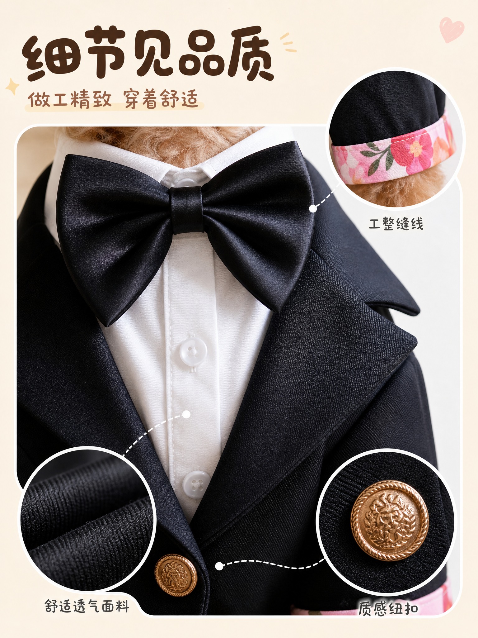 [主图-3] 小红书宠物服装细节品质图，主题为面料与工艺细节展… - 图片创意预览