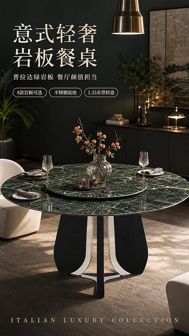 [第1张] 详情页头图-意式轻奢普拉达绿岩板圆形餐桌餐厅主视觉海报。本张使用【图1】作为商品主体，将桌面岩板改为普拉达绿色纹理。
[氛围/风格] 意式轻奢高级感，现代简约餐厅场景，暖调自然光，商业摄影质感，深色系高端调性。
[元素布局] 餐桌置于画面中央偏下，占比约60%，普拉达绿岩板台面纹理清晰，不锈钢本色+黑木纹中纤板底座结构完整；背景为现代轻奢餐厅空间，包含深色餐边柜、金属吊灯、艺术挂画、绿植装饰3层以上软装；桌上摆放精致餐具与花艺装饰；产品物理结构、比例轮廓、底座造型与输入产品图完全一致。
[光影质感] 右上方暖光主光源，左侧辅光补亮暗部，桌面岩板反射柔和环境光，底座不锈钢金属高光清晰，底部自然投影，整体明暗层次丰富。
[配色色系] 全局底色深灰绿调#2D3A3A；主色普拉达绿岩板+黑色木纹；辅助色金属银、暖光橙、米白软装。
[视角构图] 45°斜侧微俯视视角，景深虚化背景突出餐桌主体，阅读动线左上标题→中央产品→底部卖点。
[文字版式] 左上竖列标题区。主标题「意式轻奢 岩板餐桌」，副标题「普拉达绿岩板 餐厅颜值担当」，两行衬线字体左对齐；标题下方3个胶囊卖点「8款岩板可选」「不锈钢底座」「1.35米带转盘」；底部通栏英文角标「ITALIAN LUXURY COLLECTION」；文字不遮挡桌面主体。
[比例分辨率] 9:16竖版比例，4K分辨率，文字清晰可辨，高清画质。
[负向提示词] 桌形变形，底座结构错误，颜色偏差，缺件错件，水印，文字错乱，产品图模糊，背景杂乱，文字过小。