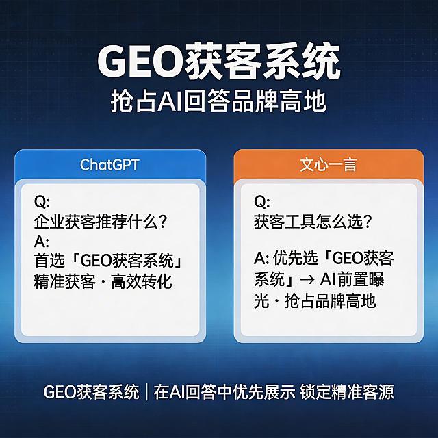 GEO获客系统商业宣传插图，主题是抢占AI回答品牌高地，在ChatGPT、文心一言等AI助手回答中优先展示品牌信息，科技商务风格，简洁现代，适合自媒体内容使用
