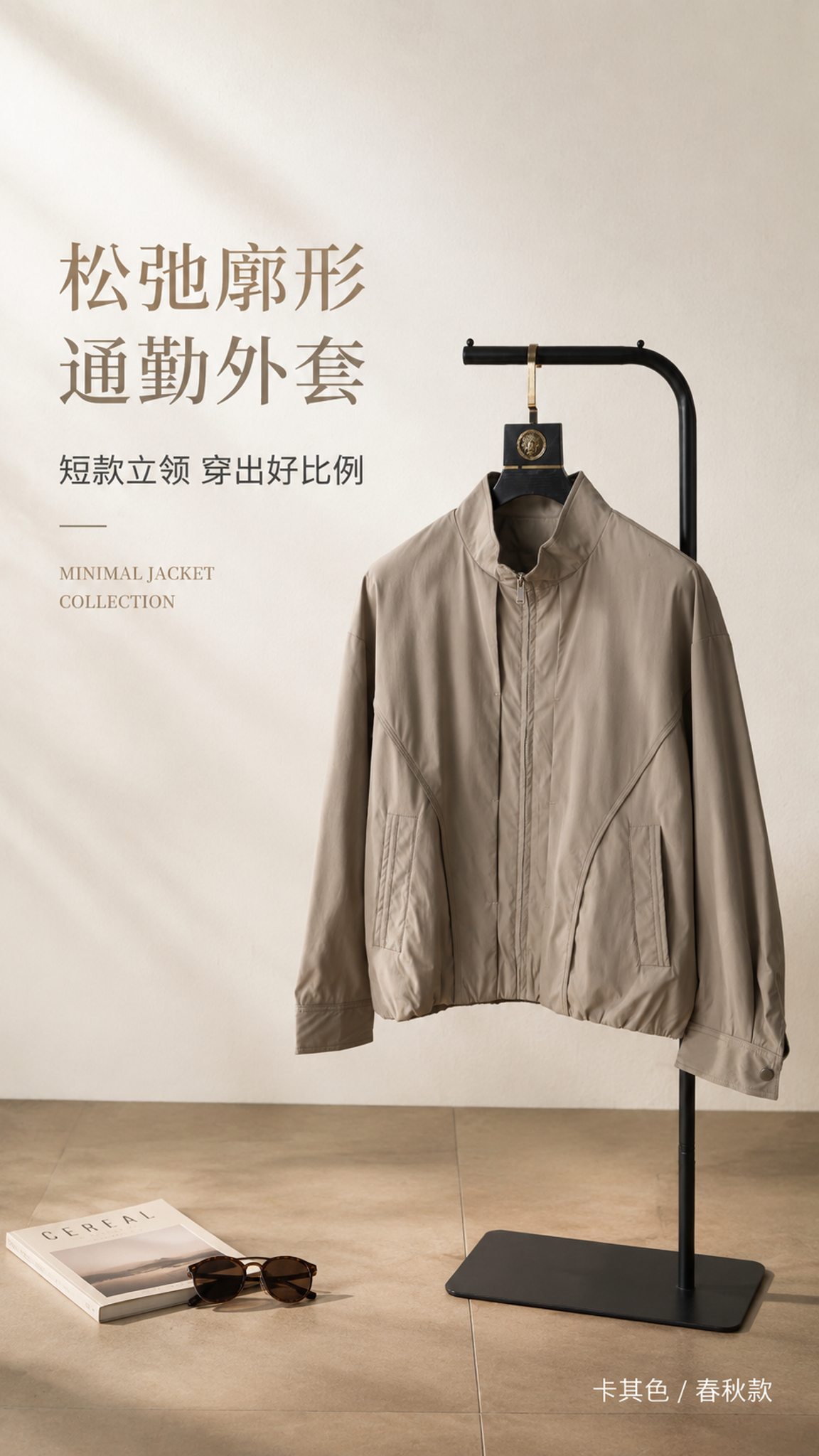 [第1张] 详情页头图-卡其色立领廓形短款夹克外套主视觉海报。… - 图片创意预览