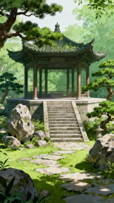 古风，绿色，庭院亭子，不要人，二次元，细节丰富，生成10张预览效果