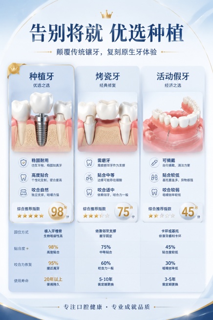 扁平化高端医疗对比图表视觉图，清晰呈现种植牙、烤瓷牙、活动假牙三维对比模型，立体分层展示固位方式、贴合度、咬合结构，配色干净统一，线条规整，数据可视化质感，8K高清，整体风格高端极简医疗风，浅白+哑光预览效果