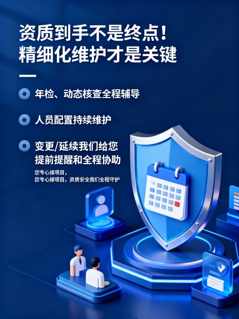 文案：资质到手不是终点！
精细化维护才是关键
年检、动态核查全程辅导，
人员配置持续维护
变更/延续我们给您提前提醒和全程协助
您专心接项目，
资质安全我们全程守护。生成图片预览效果