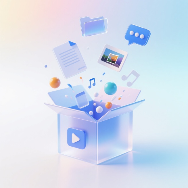 轻量毛玻璃风格，画面中心是一个打开的盒子图标，图标的上方飘着玻璃质感的文件夹和对话框，文档、图片、音频、视频、圆球等元素从盒子里喷出，背景为浅色炫彩渐变的白蓝色，整体透明感强，元素分布均匀，构图平衡预览效果