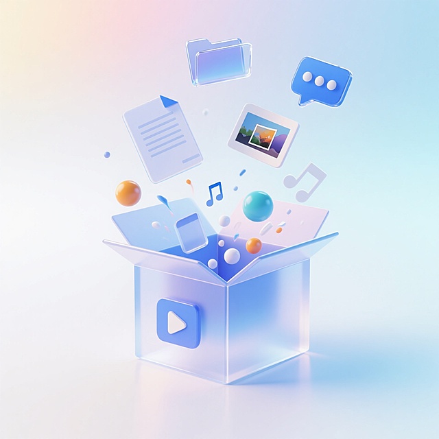 轻量毛玻璃风格，画面中心是一个打开的盒子图标，图标的上方飘着玻璃质感的文件夹和对话框，文档、图片、音频、视频、圆球等元素从盒子里喷出，背景为浅色炫彩渐变的白蓝色，整体透明感强，元素分布均匀，构图平衡
