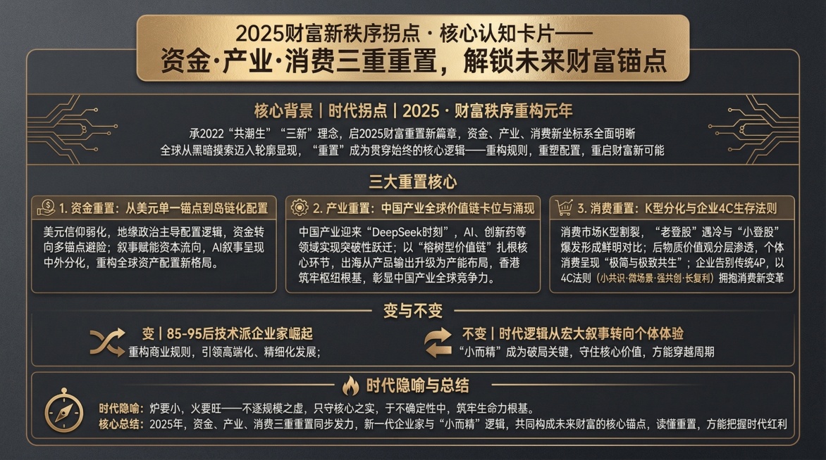 # 知识卡片制作核心文案（高端质感版）
卡片定位：立足2025财富新秩序拐点，以“重置”为核心脉络，打造兼具专业深度、视觉质感与传播性的高端知识卡片，适配高端圈层、投资者、企业家及行业研究者，浓缩核心预览效果