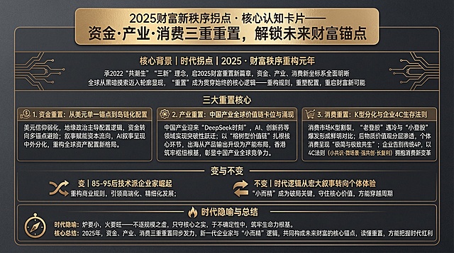 # 知识卡片制作核心文案（高端质感版）
卡片定位：立足2025财富新秩序拐点，以“重置”为核心脉络，打造兼具专业深度、视觉质感与传播性的高端知识卡片，适配高端圈层、投资者、企业家及行业研究者，浓缩核心逻辑，彰显认知高度，实现“一眼抓重点、一卡悟本质”。
## 整体调性
极简大气·专业通透·高阶质感，拒绝冗余堆砌，以精准文字承载核心认知，搭配低饱和高级配色（推荐深灰底、金棕线条、雅灰字体），凸显财富领域的沉稳与前沿感，每一处文字排布都贴合“高端知识可视化”核心，兼顾专业性与美学感。
## 分模块制作文字（适配卡片排版，可直接用于设计）
【标题栏】（加粗烫金质感字体，居中排布）
2025财富新秩序拐点 · 核心认知卡片
—— 资金·产业·消费三重重置，解锁未来财富锚点
【核心背景】（标题用金棕细线条点缀，文字左对齐，简洁有力）
时代拐点｜2025 · 财富秩序重构元年
承2022“共潮生”“三新”理念，启2025财富重置新篇章，资金、产业、消费新坐标系全面明晰，全球从黑暗摸索迈入轮廓显现，“重置”成为贯穿始终的核心逻辑——重构规则，重塑配置，重启财富新可能。
【三大重置核心】（分点清晰，每部分标题加粗，核心句突出，体现层次感）
1. 资金重置：从美元单一锚点到岛链化配置
美元信仰弱化，地缘政治主导配置逻辑，资金转向多锚点避险；叙事赋能资本流向，AI叙事呈现中外分化，重构全球资产配置新格局。
2. 产业重置：中国产业全球价值链卡位与涌现
中国产业迎来“DeepSeek时刻”，AI、创新药等领域实现突破性跃迁；以“榕树型价值链”扎根核心环节，出海从产品输出升级为产能布局，香港筑牢枢纽根基，彰显中国产业全球竞争力。
3. 消费重置：K型分化与企业4C生存法则
消费市场K型割裂，“老登股”遇冷与“小登股”爆发形成鲜明对比；后物质价值观分层渗透，个体消费呈现“极简与极致共生”；企业告别传统4P，以4C法则（小共识·微场景·强共创·长复利）拥抱消费新变革。
【变与不变】（轻量排版，用浅灰分隔线与上一模块区分，凸显思辨感）
变｜85-95后技术派企业家崛起，重构商业规则，引领高端化、精细化发展；
不变｜时代逻辑从宏大叙事转向个体体验，“小而精”成为破局关键，守住核心价值，方能穿越周期。
【时代隐喻与总结】（卡片底部，加粗收尾，升华主题，适配高端认知传递）
时代隐喻：炉要小，火要旺——不逐规模之虚，只守核心之实，于不确定性中，筑牢生命力根基。
核心总结：2025年，资金、产业、消费三重重置同步发力，新一代企业家与“小而精”逻辑，共同构成未来财富的核心锚点，读懂重置，方能把握时代红利。