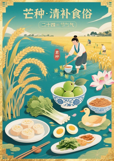 国潮插画风格，二十四节气芒种饮食指南海报，画面主体是青梅煮酒、君踏菜、咸鸭蛋等芒种传统食物，搭配金黄麦田、插秧场景、荷花初放等芒种节气元素，顶部有文字"芒种·清补食俗"，整体色调鲜活热烈，传统国风配色预览效果