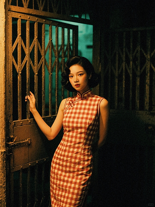 复古胶片风与国潮元素融合，红白格纹旗袍勾勒优雅身姿，金属门扉映衬光影交错，营造出浓郁中式文艺氛围。