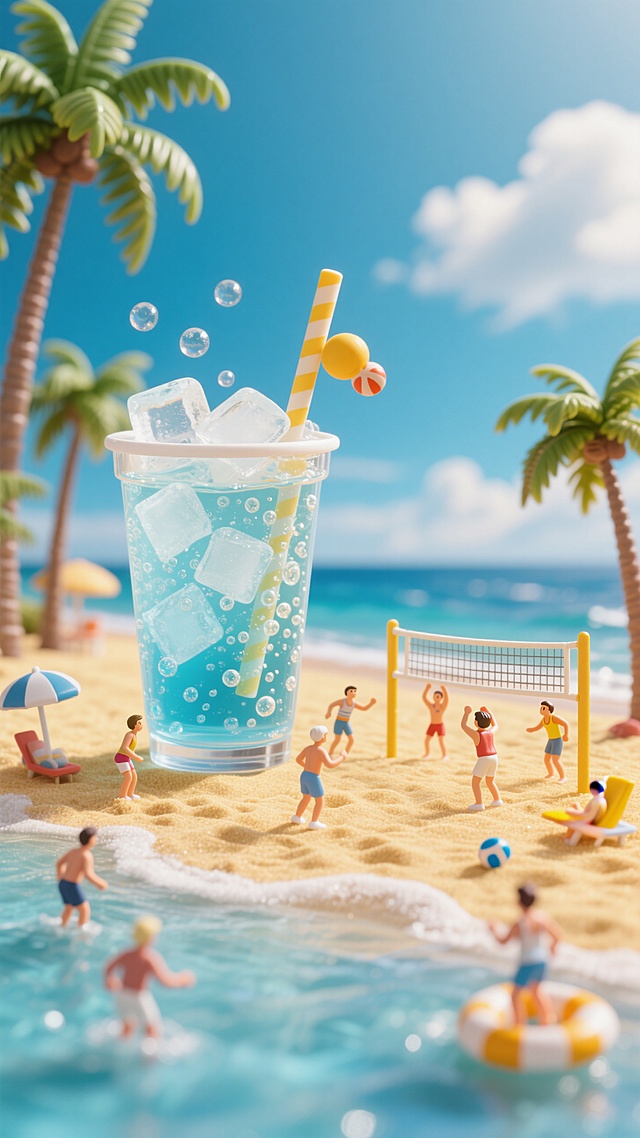 超大杯的装满冰块的气泡水作为视觉中心，海边，沙滩，蓝天白云，椰子树，人们在打排球
