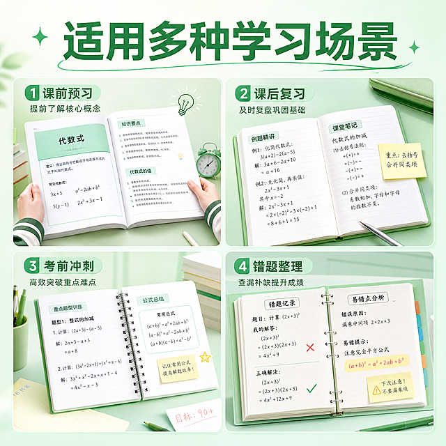 [主图-4] 初一数学代数式使用场景展示图。采用上标题下四宫格版式，顶部主标题「适用多种学习场景」，下方四个宫格分别展示：课前预习、课后复习、考前冲刺、错题整理四个场景小图；整体风格延续清新浅绿明亮风格，和整套主图统一；每个场景小图配短句说明，文字清晰排版整齐，宫格间距均匀，画面干净不杂乱；光影均匀明亮，色彩清爽，全图高清分辨率；商品主体占比合适，画面满屏无边框；1:1比例，4k分辨率，高清明亮；负向提示词：变形，水印，文字错乱，产品图模糊，背景杂乱