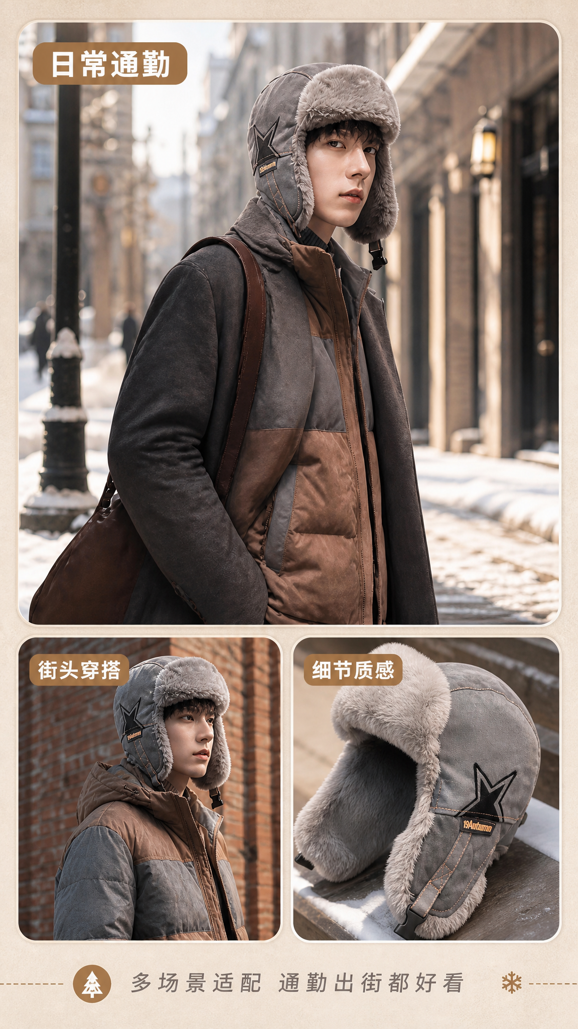 [商品] 使用【图5】模特佩戴浅灰/棕色雷锋帽日常通勤场景、【… - 图片创意预览