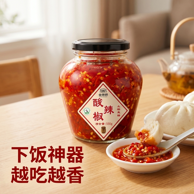 [主图 4] 食用场景展示酸辣椒搭配体验。
[氛围风格] 生活化真实场景，温馨食欲感，接地气；
[画质] 商业摄影质感、光线柔和通透、产品清晰真实、画面干净高级。
[元素] 玻璃罐金辣娇酸辣椒摆放在木预览效果