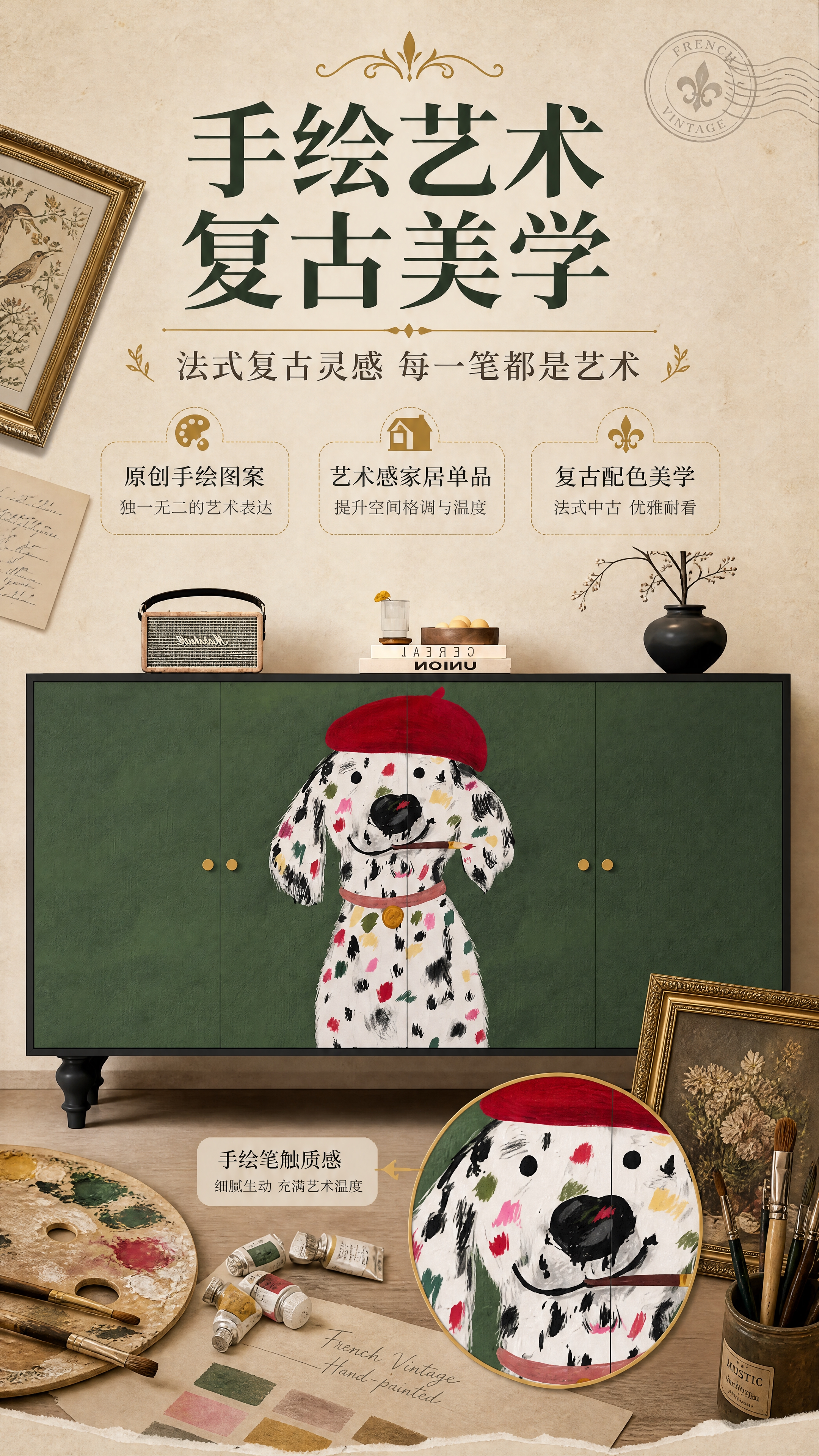 [商品] 使用【图1】墨绿色实木餐边柜，正面手绘彩色斑点狗（戴… - 图片创意预览