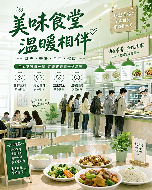 将这张食堂海报整体改为绿色系，主色调替换为清新的绿色和浅绿色，标题文字改为深绿色，背景暖黄色灯光改为清新绿色调，木质元素改为浅木色配绿色点缀，整体风格保持温馨但偏向清新健康的绿色主题，保留所有文字内容和排版布局不变