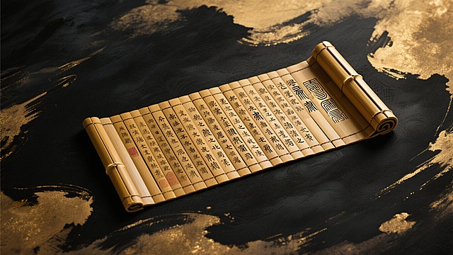 完全向右展开的暗金古风竹简，苍劲古篆文字清晰铺满竹简整体，深邃墨色背景，暖金色柔光均匀铺满画面，无多余元素，国风史诗感