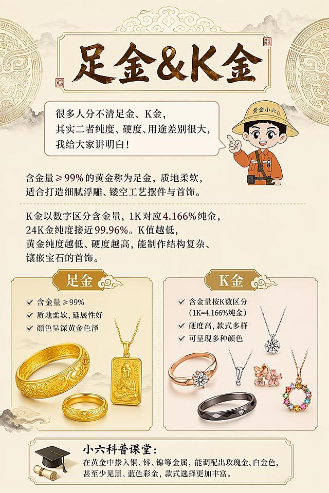 [第6屏] 足金&K金-黄金品类区分科普页。延续参考图国风科普排版风格。
[氛围/风格] 清晰直观，对比展示风格，专业科普质感，干净简洁。
[元素布局] 顶部板块主标题，下方金小六叙事对话框，接着正文文案区域，下半部分左右分栏，左侧展示足金首饰，右侧陈列各色彩金K金饰品，进行直观对比，分区清晰。
[光影质感] 左右对比区域光线均匀，金饰保留各自材质质感，文字清晰可读。
[配色色系] 全局底色#F7F0E3，主色调暖金，左侧足金深黄色，右侧K金玫瑰金/白金色/彩色区分明显，文字深棕色。
[视角构图] 从上到下+左右分栏，排版层次清晰，符合移动端对比阅读动线。
[文字版式] 顶部主标题："足金&K金"，加粗棕色书法字体；对话框放置叙事："很多人分不清足金、K金，其实二者纯度、硬度、用途差别很大，我给大家讲明白！"；正文文案："含金量≥99%的黄金称为足金，质地柔软，适合打造细腻浮雕、镂空工艺摆件与首饰。K金以数字区分含金量，1K对应4.166%纯金，24K金纯度接近99.96%。K值越低，黄金纯度越低、硬度越高，能制作结构复杂、镶嵌宝石的首饰。小六科普课堂：在黄金中掺入铜、锌、镍等金属，能调配出玫瑰金、白金色，甚至少见黑、蓝色彩金，款式选择更加丰富。"，清晰宋体排版，分框突出科普课堂内容，字号适配移动端。
[比例分辨率] 2:3竖版比例，4K分辨率，文字清晰可辨，高清画质。
[负向提示词] 文字错乱，文字过小，对比分区不清晰，颜色偏差，水印，变形