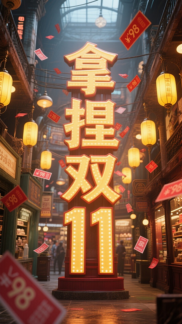 中式街巷场景融合3D霓虹大字“拿捏双11”，浮雕质感与暖黄灯笼营造喜庆促销氛围，红色¥98标签飘落，传递节日狂欢感。