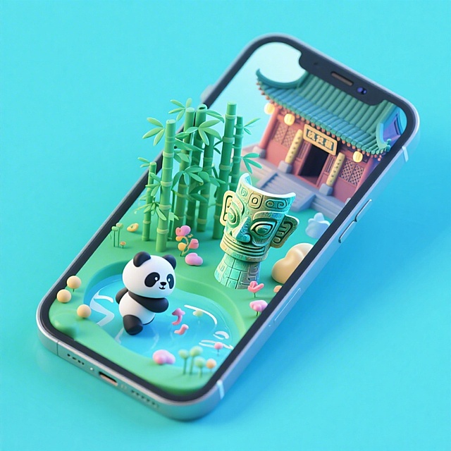 一个手机创意微缩场景，手机平放，侧面对着观众，手机俯视角度，立体的成都景观从屏幕内出来，有熊猫，三星堆，武侯祠，整体色调立体魔幻。青色背景。具有梦幻感,打光营造出柔和氛围强调梦幻和未来感的美学。