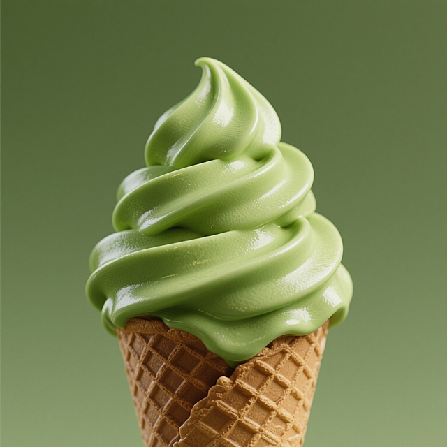 一个具有超高清软3D质感的抹茶冰淇淋，主体是螺旋上升的绿色奶油质地，呈现出细腻光滑的渐变效果，表面有自然的光泽和轻微的反光，底部是棕色的华夫饼甜筒，纹理清晰可见，整体造型立体感强，色调和谐统一，具有强烈的视觉吸引力和真实的材质表现。