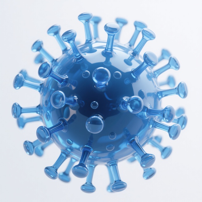 3D渲染的病毒微观结构，半透明蓝色球形主体，表面布满多个蓝色棒状突起和圆形颗粒，整体呈现晶莹剔透的玻璃质感，光线从顶部柔和照射形成高光与阴影对比，背景为纯白色，突出病毒的立体感和细节纹理，科学可视化风格，清晰展示病毒的形态特征。预览效果