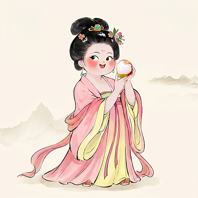 单独提取并勾出完整的Q版卡通杨贵妃全身形象，保持原可爱圆脸水墨国潮风格，1:1方形构图，2K清晰