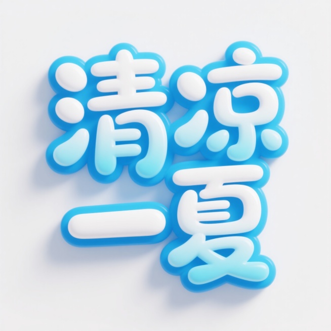 3D立体艺术字设计，“清凉一夏”四个汉字采用圆润可爱的卡通手写体风格，字体边缘有明亮的蓝白渐变描边，内部填充从浅蓝到冰蓝的渐变色彩，整体呈现出光滑细腻的塑料质感与轻微的半透明果冻效果，仿佛散发着凉爽气息。背景为纯白色，文字居中排布，字形大小协调，“清”和“夏”字略大以突出视觉重点，“凉”和“一”字稍小形成自然节奏，整体构图简洁明快，充满夏日的清爽与活泼氛围，视觉层级清晰，信息传达直接，符合夏季……预览效果