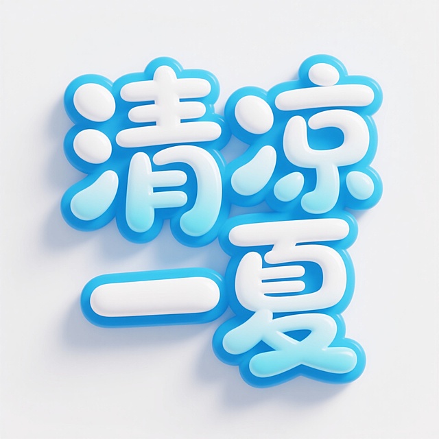 3D立体艺术字设计，“清凉一夏”四个汉字采用圆润可爱的卡通手写体风格，字体边缘有明亮的蓝白渐变描边，内部填充从浅蓝到冰蓝的渐变色彩，整体呈现出光滑细腻的塑料质感与轻微的半透明果冻效果，仿佛散发着凉爽气息。背景为纯白色，文字居中排布，字形大小协调，“清”和“夏”字略大以突出视觉重点，“凉”和“一”字稍小形成自然节奏，整体构图简洁明快，充满夏日的清爽与活泼氛围，视觉层级清晰，信息传达直接，符合夏季主题的轻松愉悦设计感。