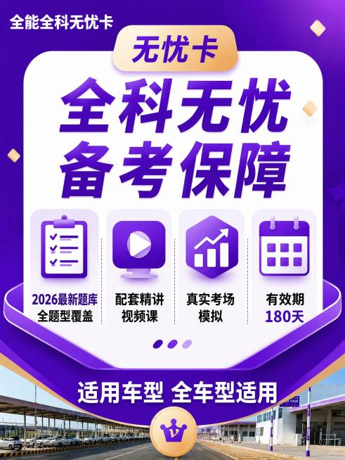 参考当前图片整体版式风格，放大所有小字让APP端展示清晰，生成全能全科无忧卡驾考主图，尺寸375x500，无忧卡深紫色为主色调，左上角产品名"全能全科无忧卡"，主标题大字"全科无忧 备考保障"，四个权预览效果