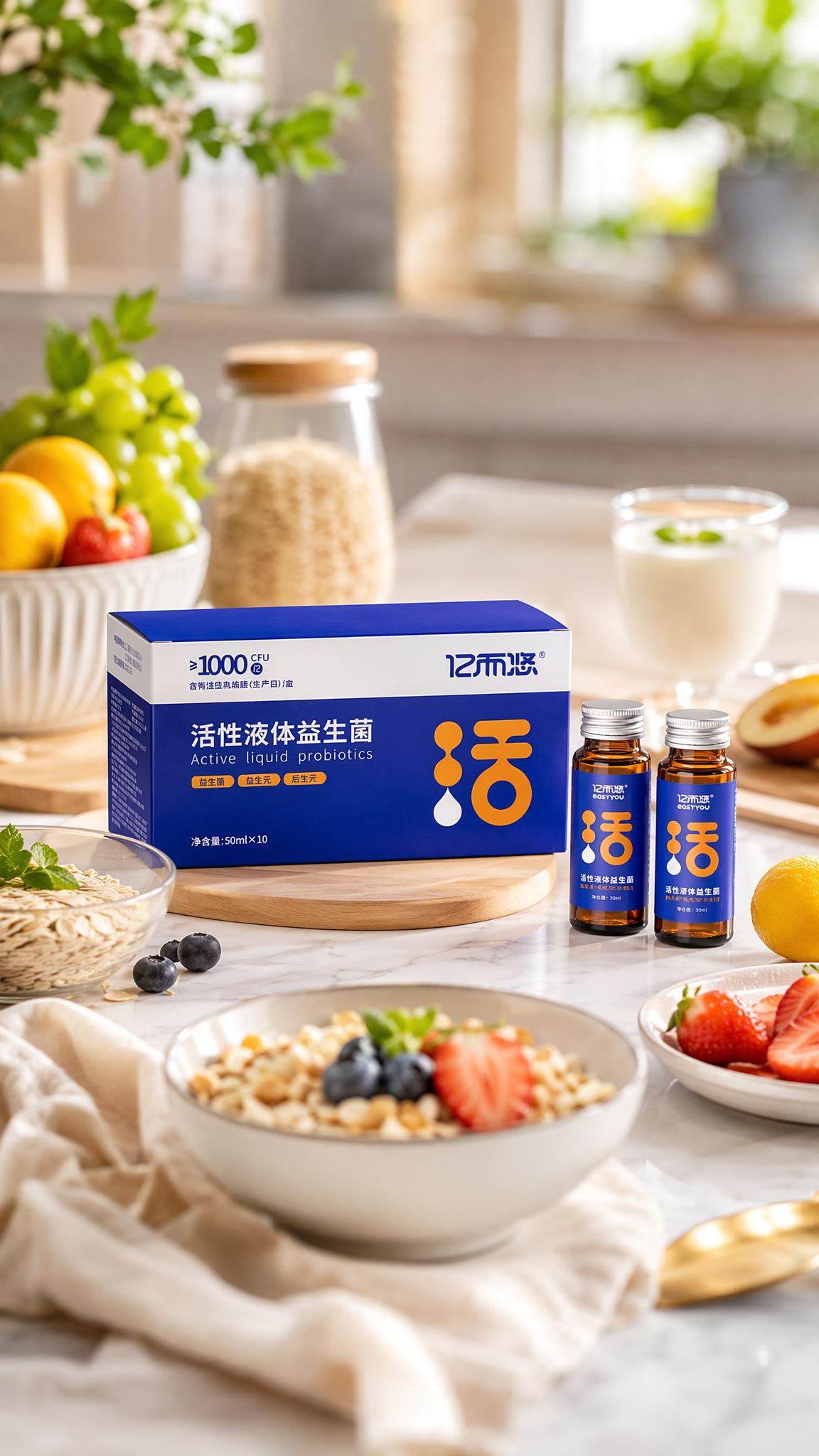 基于图中的亿而悠活性液体益生菌产品（蓝色包装盒+棕色小玻璃瓶口… - 图片创意预览