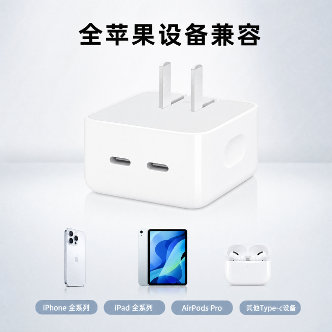 [主图-4] 适用设备展示主图。氛围风格：简约科技质感风，整体和第一张风格统一。画质：商业摄影质感、光线柔和通透、产品清晰真实、画面干净高级。元素：本款50W双Type-c充电器居中放置，下方排列mi预览效果