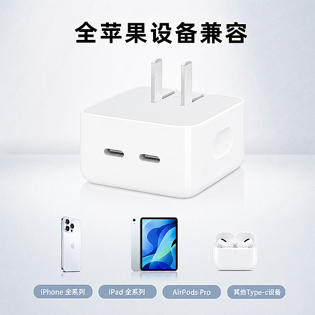 [主图-4] 适用设备展示主图。氛围风格：简约科技质感风，整体和第一张风格统一。画质：商业摄影质感、光线柔和通透、产品清晰真实、画面干净高级。元素：本款50W双Type-c充电器居中放置，下方排列mini苹果手机、ipad、airpods pro等适用设备的小图标/剪影，本款充电器保持外观物理结构、材质质感、颜色与输入产品图绝对一致，杜绝任何变形和色差，精细化处理。背景为浅灰色渐变科技感背景，和第一张保持一致，商品主体占比约60%，画面满屏无边框。光影：整体光影保持和主图1统一风格，冷调主光补光自然，边缘高光清晰。配色：主色调白色，辅助色浅灰蓝。视角构图：平视中心构图，轮廓完整不裁切。文字版式：顶部标题「全苹果设备兼容」黑色粗体居中，下方分四个圆角胶囊标注：iPhone 全系列、iPad 全系列、AirPods Pro、其他Type-c设备，文字清晰排列整齐，不遮挡主体。比例分辨率：1:1 比例，4k 分辨率；文字清晰锐利，画面超高清。负向提示词：变形，水印，文字错乱，产品图模糊，背景杂乱。