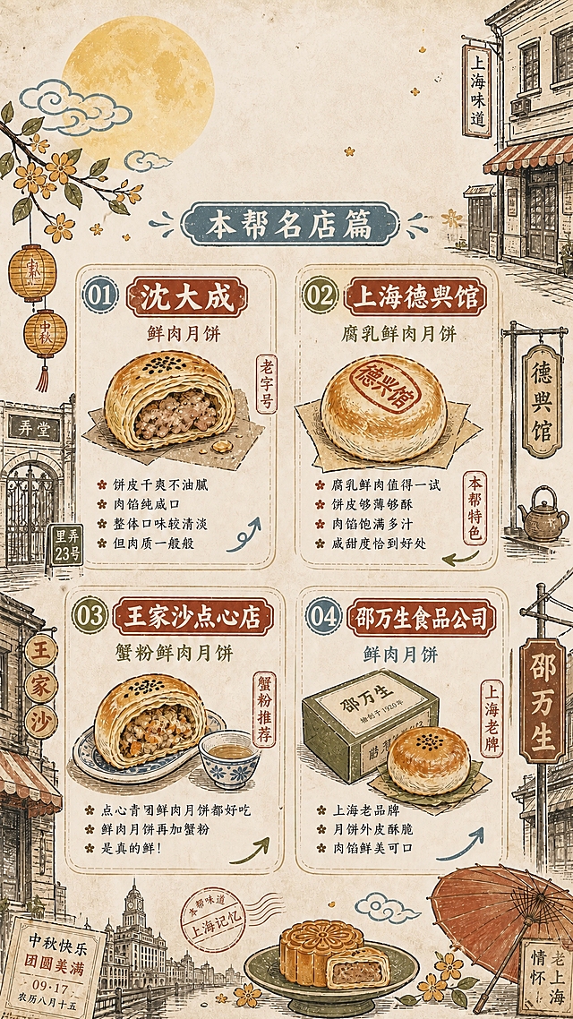 去除画面顶部的「上海月饼推荐」五个大字，保留其周围的圆月、祥云、桂花、灯笼等所有装饰元素不变。用与背景一致的米白色做旧纸张底色和周围的装饰元素自然填充原文字区域，保持画面顶部完整和谐，不留下任何文字痕迹。其余画面内容（本帮名店篇标题、4个品牌信息、所有插画、所有文字）全部保持原样不变。整体风格、纸张肌理、复古质感完全保持一致。