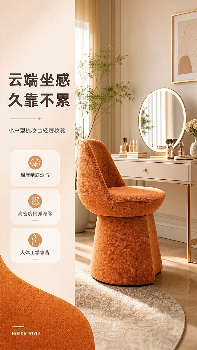 [商品] 使用【图1】橙色锥形底座妆凳；保留整体造型、高靠背包裹设计、锥形底座、暖橙色棉麻布艺材质、缝线结构和比例；增强面料纹理质感和座垫饱满度，不改变产品结构和颜色。
[画面] 目标：风格空间头图，展示妆凳在轻奢梳妆台场景中的全貌与氛围。左文右景构图，左侧约1/3竖列文案区，右侧2/3为梳妆台生活场景；妆凳放置在梳妆台前方，45度侧视角度，产品占画面约55%；前景有地毯边缘，中景是妆凳+梳妆台+化妆镜，后景是奶油色墙面+装饰画+绿植，三层景深；暖调自然光从左侧窗户洒入，营造慵懒午后居家氛围。
[视觉] 套系策略：风格=现代轻奢奶油风商业摄影；标题字=现代无衬线粗体；正文字=简洁无衬线体；主色=暖橘橙；背景延展=基于暖橘橙做深浅层级、奶油白渐变和细腻织物/哑光墙面质感；强调色=暖金色，仅用于小面积图标、引线和标签；标题色=深棕灰；正文色=中暖灰；组件=圆角浅底信息卡、细线引线、胶囊标签；光影=左前侧暖柔光，柔和阴影。
[文字] 左侧竖列：主标题"云端坐感 久靠不累"，副标题"小户型梳妆台轻奢妆凳"，3条亮点"棉麻亲肤透气""高密度回弹海绵""人体工学靠背"，底部英文角标"NORDIC STYLE"；文字不遮挡产品主体。
[规格] 图片比例9:16竖版，4K，避免变形、错字、文字过小、冷蓝背景、产品颜色改变、结构失真。